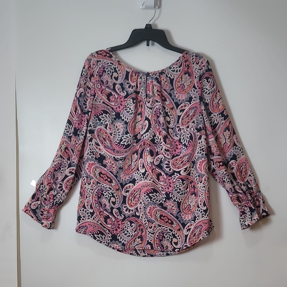 Talbots Pink Paisley Relaxed Long Sleeve Blouse W/Keyhole Front